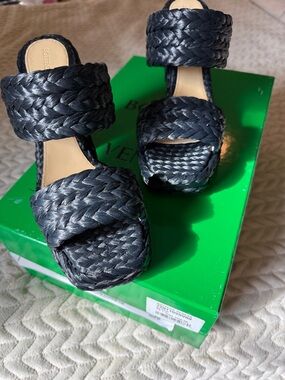 💫✨ Bottega Veneta Black Braided Raffia Double-Strap Platform Sandals NWT size 39